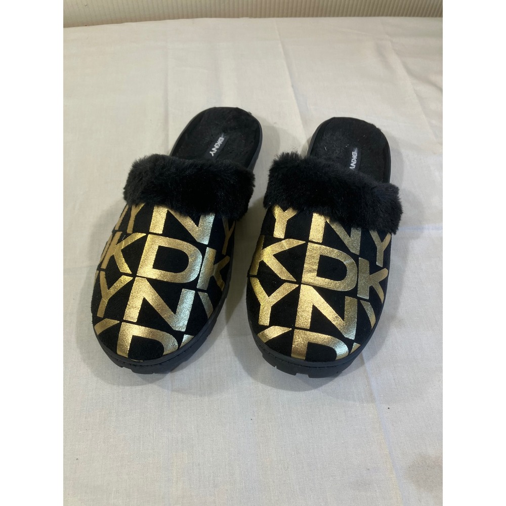 DKNY Womens Black Gold Metallic Logo Faux Fur‎ Trim Slipper Mules Size 9